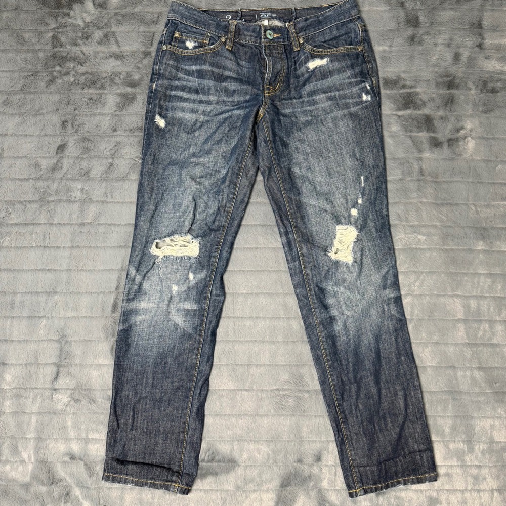 Ann Taylor LOFT Boyfriend Jeans Sz 2 26 Dark Wash Distressed 100% Cotton Denim